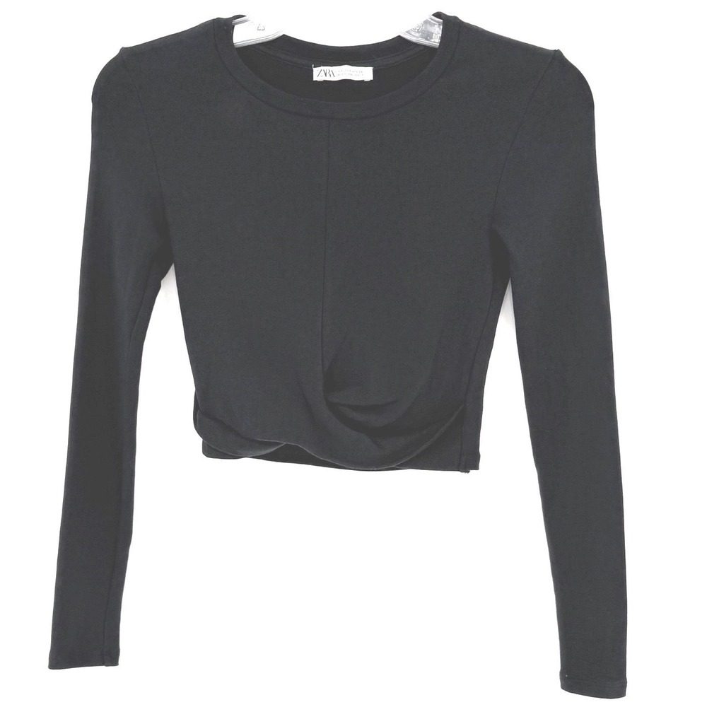 Zara Black Ribbed Twist Front Crop Top Long Sleeve Crew Neck S Preppy 101-15 - Picture 2 of 11
